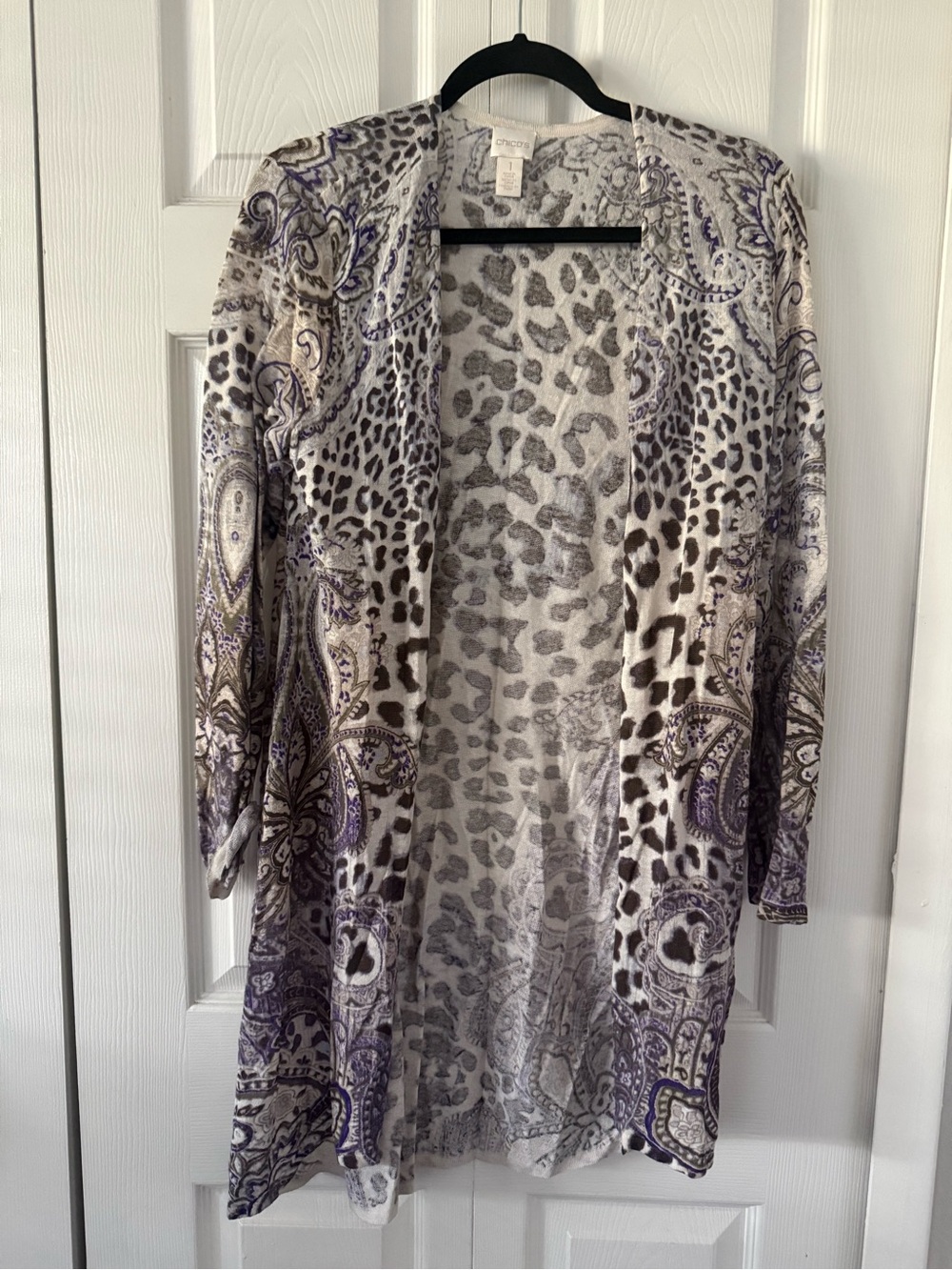 Chico's Purple, Gray & Cream Animal Paisley Open Cardigan